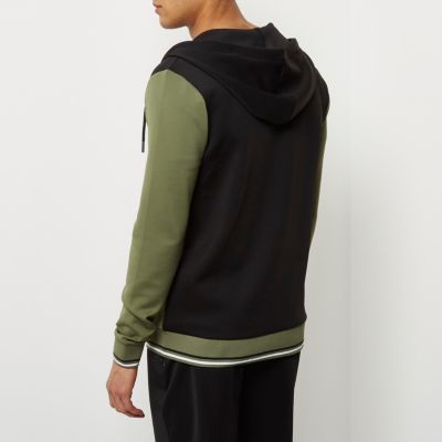Khaki green colour block sporty hoodie